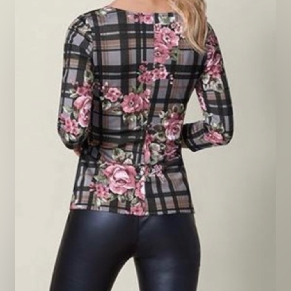🌟PRICE REDUCED🌟FLORAL 💐PLAID Pink Black Faux Leather 3/4 Sleeve Top SIDE TIE - Picture 4 of 12